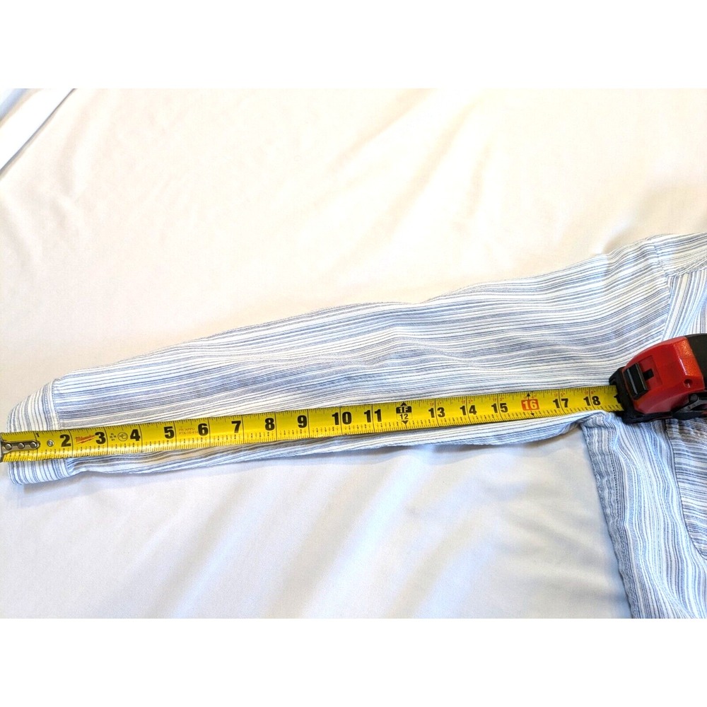 ATHLETA Womens Sz M Blue Stripe Button Pocket Curved Hem Viscose Roll Tab Sleeve - Picture 15 of 16